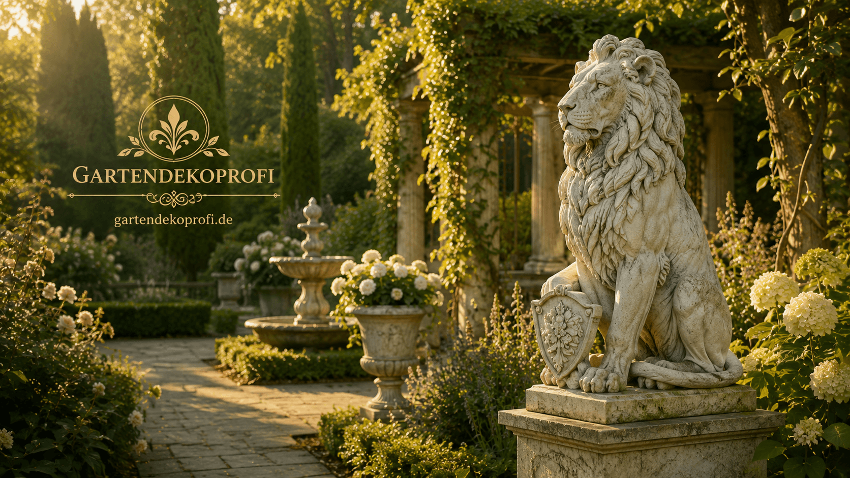 Gartenbild mit klassischer Löwenfigur, Logo und Domain gartendekoprofi.de