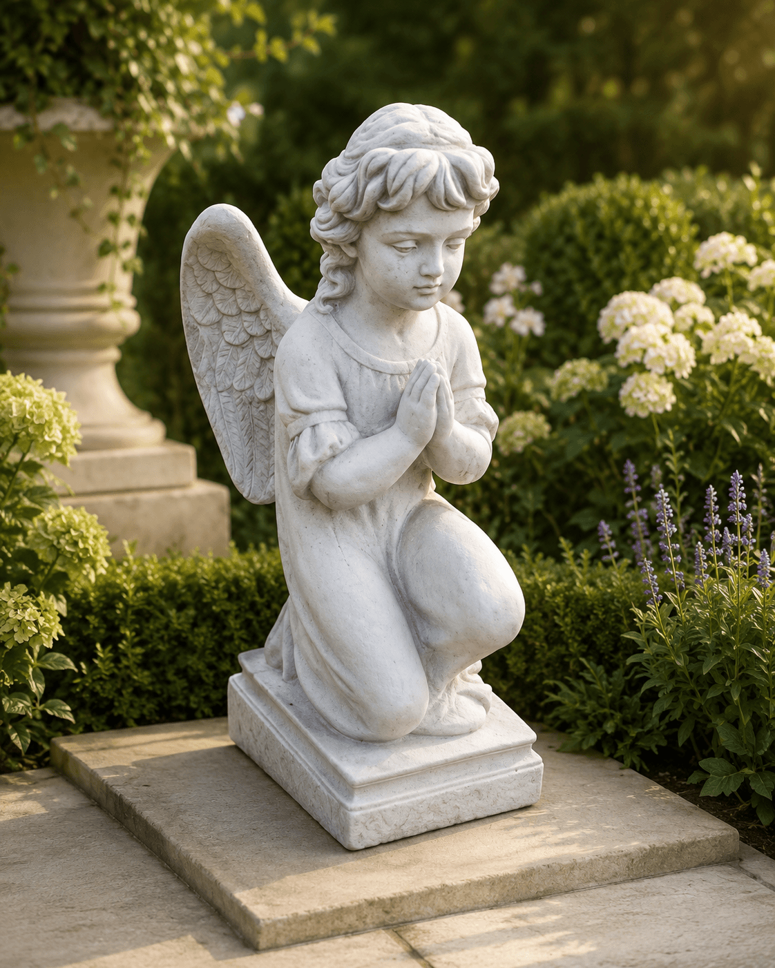 Betender Engel als helle Gartenfigur im grünen Garten