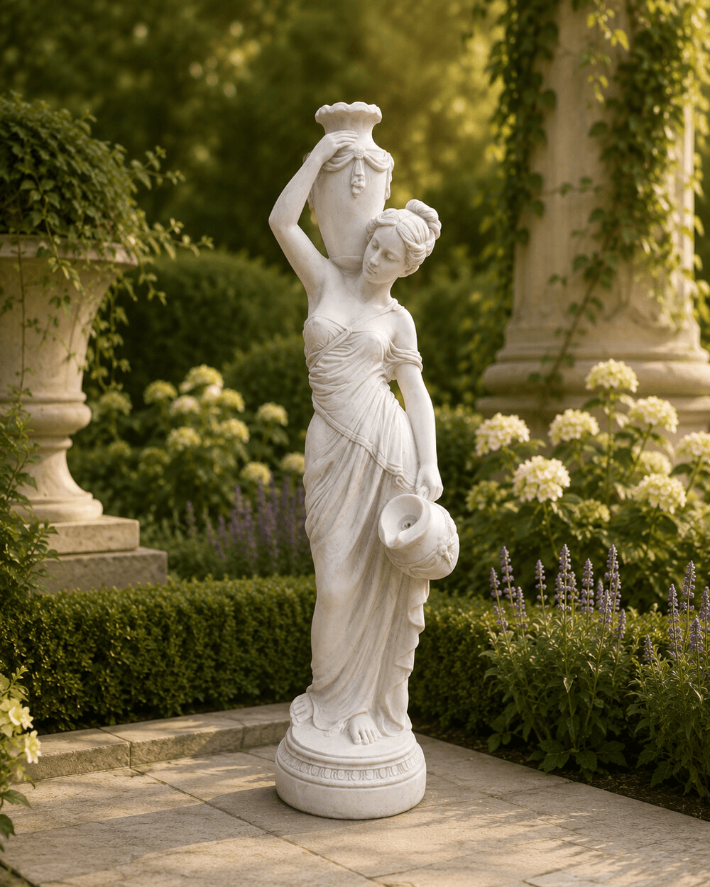 Frauenfigur mit Amphore als klassische Gartendekoration