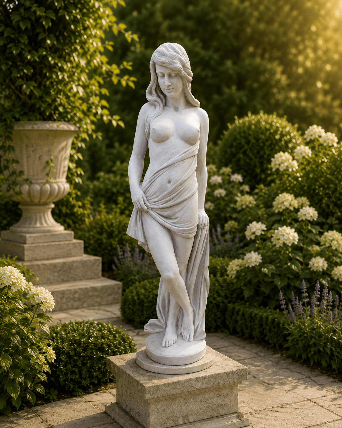 Elegante Frauenfigur mit Tuch als helle Steinfigur