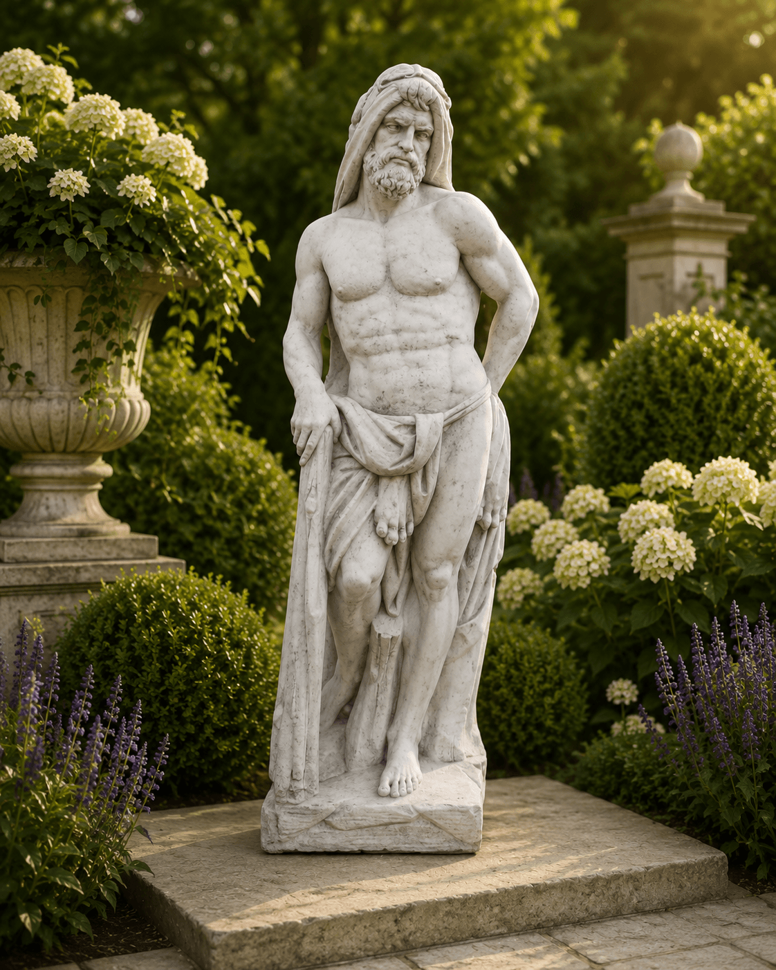 Klassische Gartenskulptur in hellem Stein