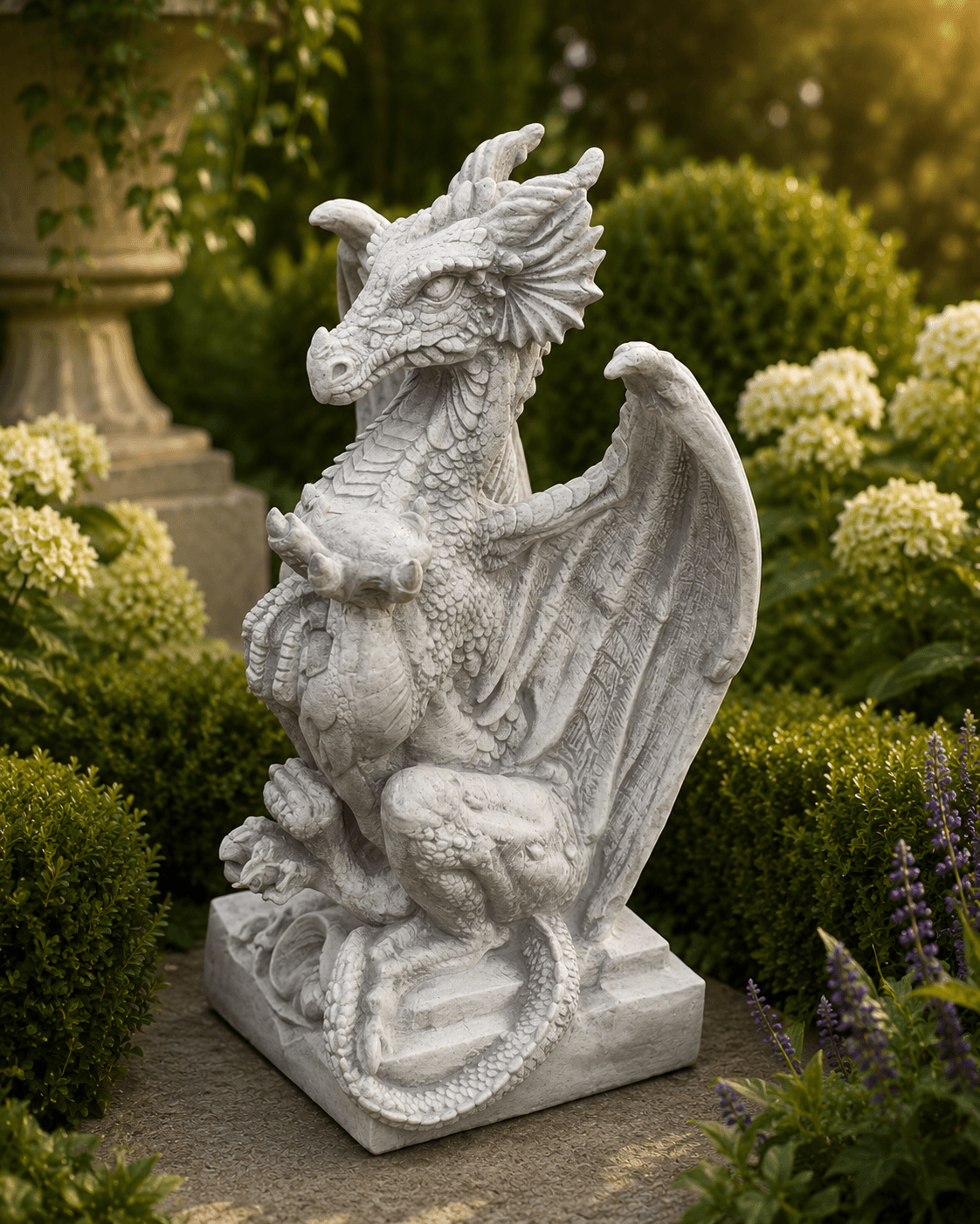 Drachenfigur als Steinfigur im Garten
