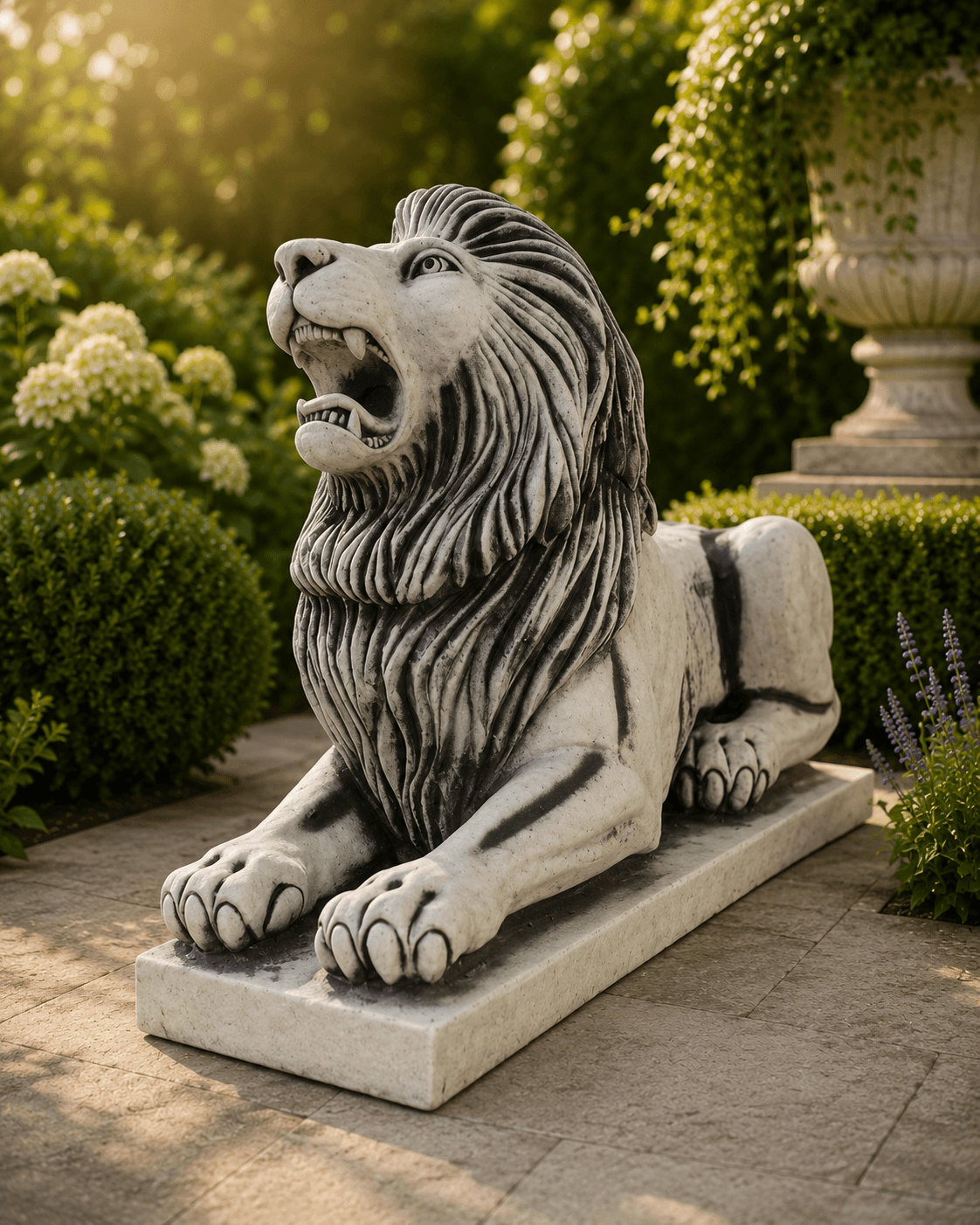 Steinlöwe als Gartenfigur im grünen Garten